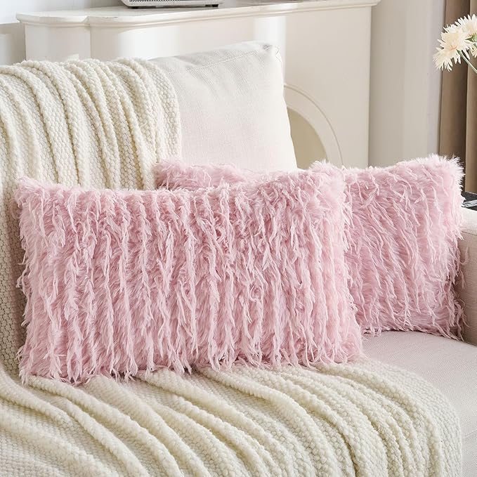 FUTEI Pink Decorative Throw Pillow Covers 12x20 Inch Set of 2,Soft Fluffy Faux Feather Texture Lumbar Pillow Cases,Modern Home Luxury Decor for Couch Bed Living Room