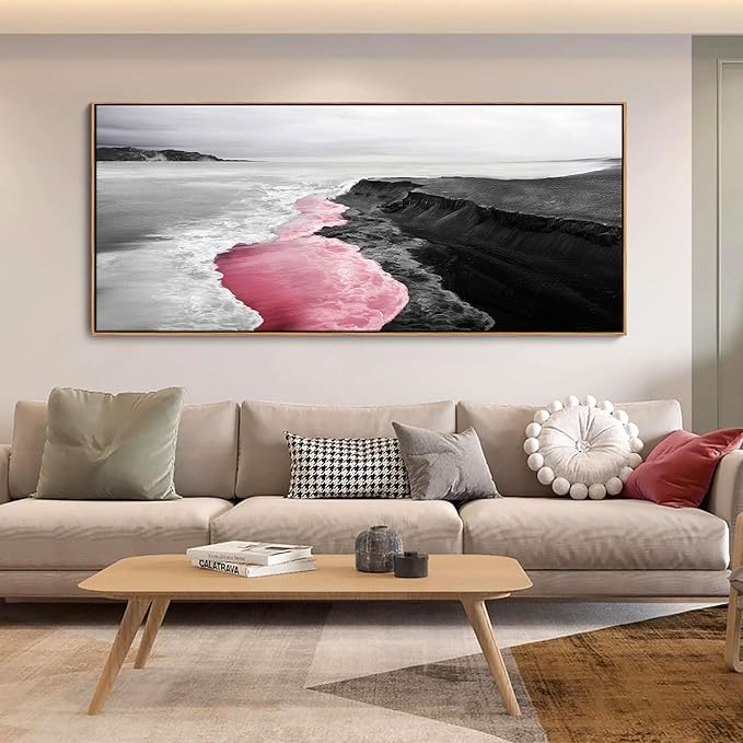 Extra Large Pink Coastal Wall Art - Beach Canvas Wall Decor Black and White Picture for Living Room Bedroom Framed Artwork Ocean Pictures Seascape Painting bedroom Decoration Above Bed Size 70×31Inchs