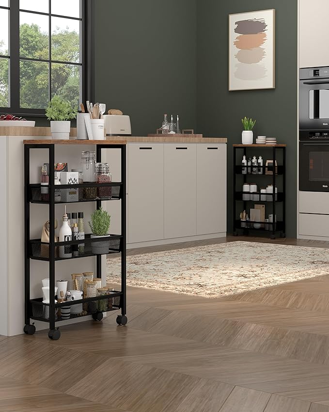 VECELO 4 Tier Slim Rolling Cart Organizer, Rolling Carts On Wheels with Storage, Sturdy Metal Frame Narrow Cart with Handle, Space Saving for Kitchen, Bathroom, Laundry, Rustic Brown