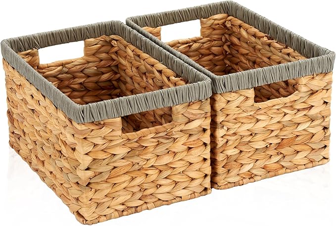 Wicker Storage Basket 2 Pack, Water Hyacinth Storage Baskets with Built-in Handles, Large Wicker Baskets for Storage & Organizing, Natural with Grey