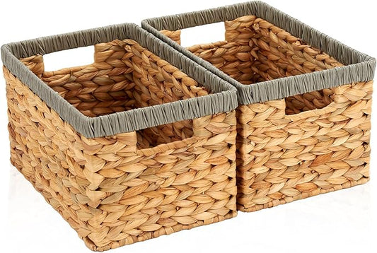 Wicker Storage Basket 2 Pack, Water Hyacinth Storage Baskets with Built-in Handles, Large Wicker Baskets for Storage & Organizing, Natural with Grey
