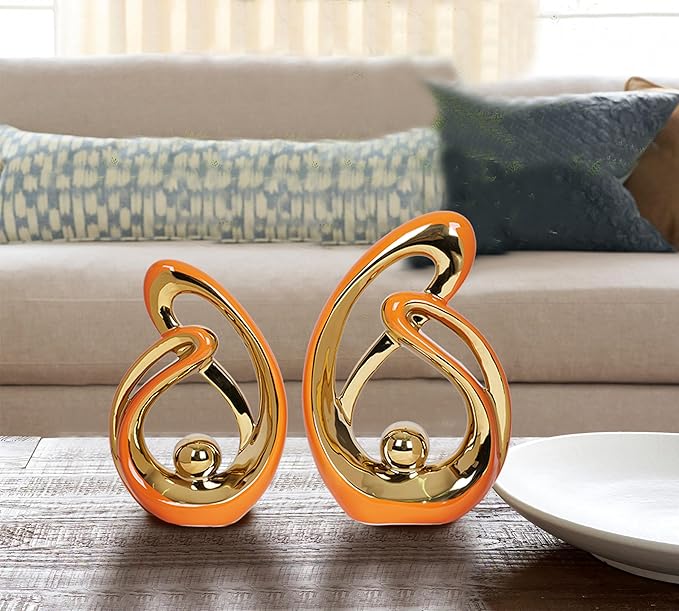 2 Pcs Orange and Gold Decor for Living Room Table Sculpture Decorations Ceramic Decor Mid Century Modern Decor Figurine Centerpieces for Dining Room Kitchen Fireplace Shelf Office Coffee Table Decor