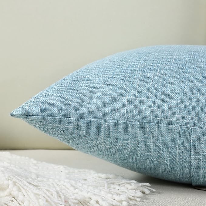 HAUSSY Light Blue Linen Decorative Throw Pillow Covers 22x22 Inch Set of 2,Square Cushion Case with 3 Vintage Buttons,Modern Farmhouse Home Decor for Couch,Bed
