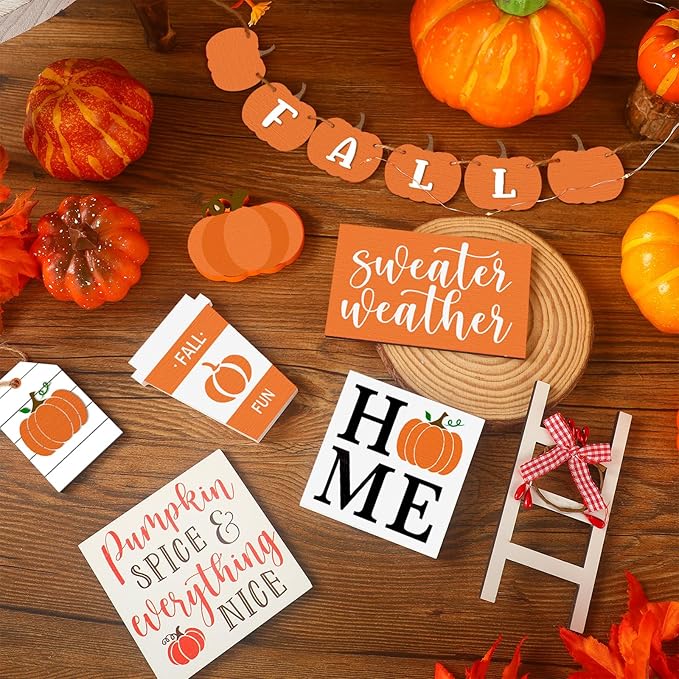 Sumind 15 Pcs Fall Tiered Tray Decor Set Fall Decorations for Home Autumn Wood Signs Thanksgiving Orange Brown Table Signs Farmhouse Wooden Maple Pumpkin Gnomes Tabletop for Festival(Home)
