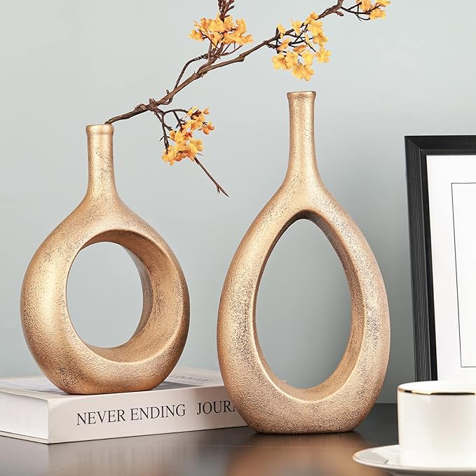 Gold Ceramic Hollow Elliptical Vase Set of 2 - Boho Circle Vase with Hole, for Modern Gold Table Decor, Living Room Decor Shelf mid Century Modern Home Entrance Decorative vase