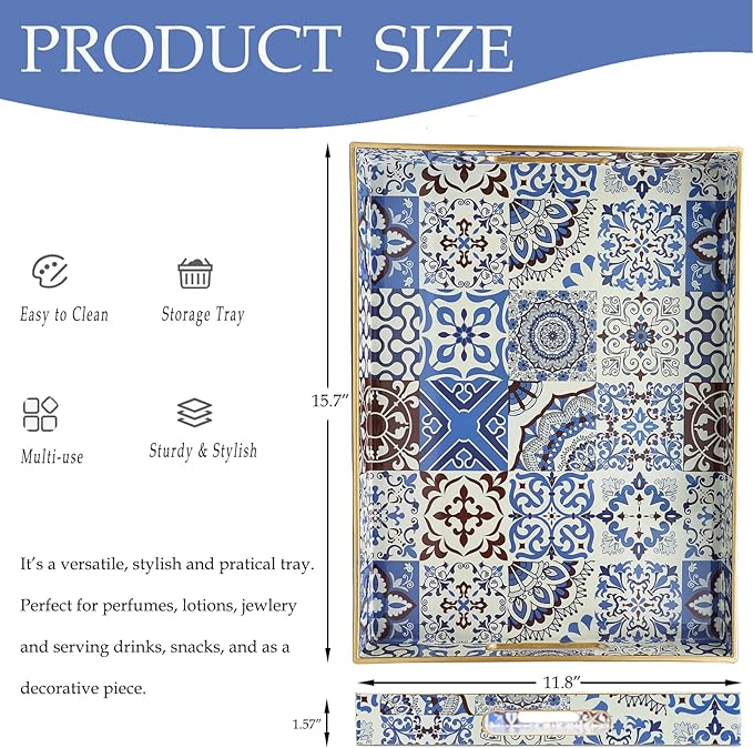 Spsyrine Decorative Serving Tray with Handles, Lacquered Coffee Table Tray for Ottoman, Rectangular Waterproof Platters for Centerpieces, Parties, Living Room, Kitchen Counter Organization SP3040RE1