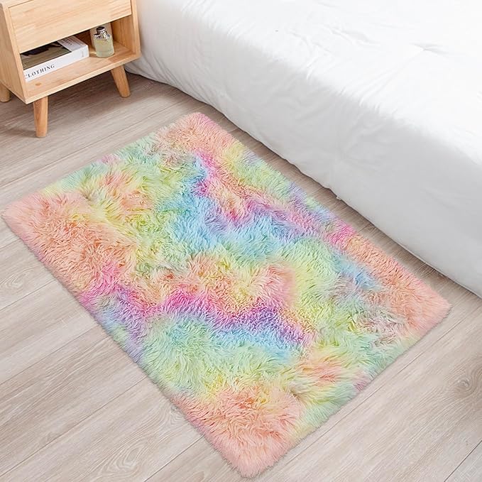 Small Fluffy Rainbow Colorful Area Rug for Girls Bedroom 2x3 Mini Kawaii Tie Dye Rug Fuzzy Unicorn Throw Rug for Living Room Kids Nursery Baby Princess Room Home Decor Aesthetic Carpets
