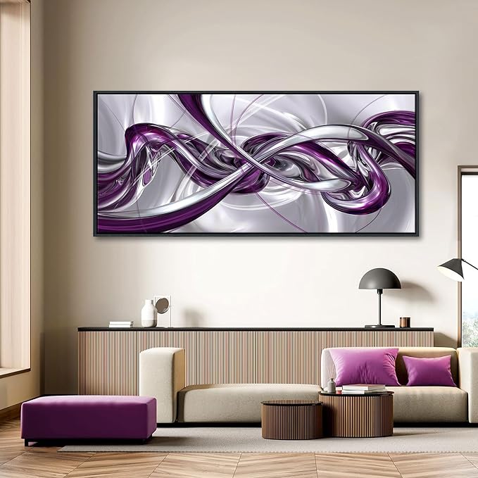 Pogusmavi Purple Wall Art - Modern Framed Canvas Abstract Art for Living Room Silver Wall Decor, Office Artwork, Bedroom Pictures, Contemporary Prints, Paintings for Decorations