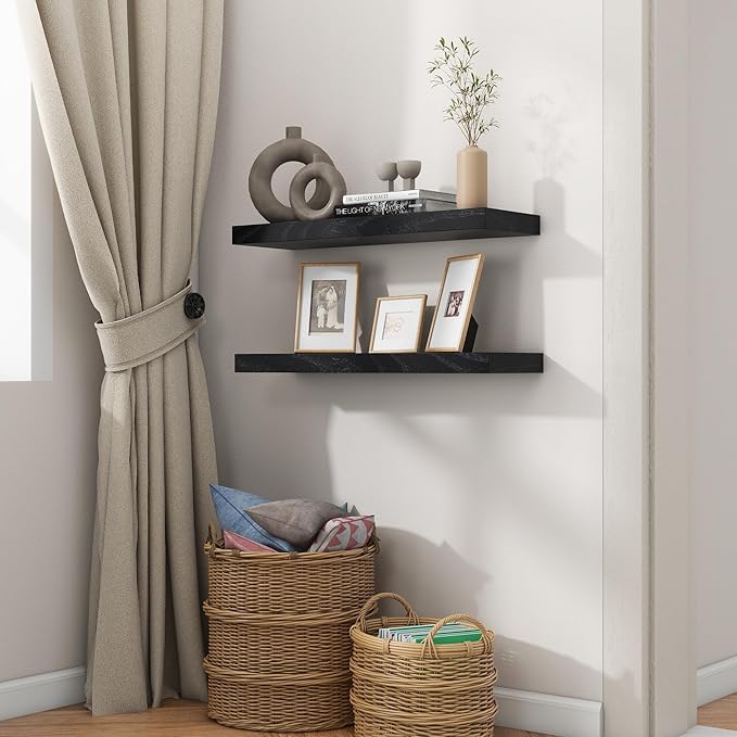 24 Inch Black Floating Shelves for Wall, Solid Wood Wall Shelves Set of 2, Modern Black Shelves Display Ledge Shelves for Bedroom Bathroom Living Room Kitchen Decoration Storage - Black