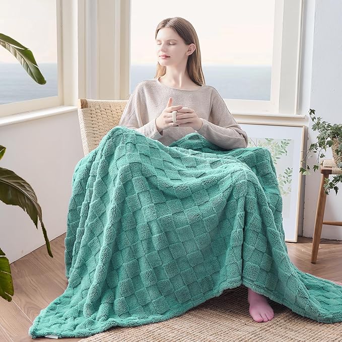 NEWCOSPLAY Super Soft Queen Blanket Mint Green Premium Silky Flannel Fleece 3D Checkered Lightweight Bed Blanket All Season Use (Mint Green Checkered, Queen(90"x90"))