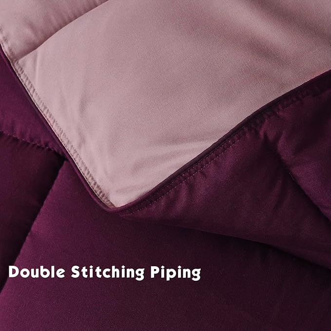 HIG 3pc Plum Twin/Twin XL Comforter Set - All Season Down Alternative Reversible Comforter with Sham - Quilted Duvet Insert with Corner Tabs - Box Stitched - Breathable, Soft, Fluffy