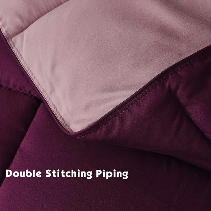HIG 3pc Plum King Size Comforter Set - All Season Reversible Down Alternative Comforter with Two Shams - Quilted Duvet Insert with Corner Tabs - Box Stitched - Breathable, Soft, Fluffy