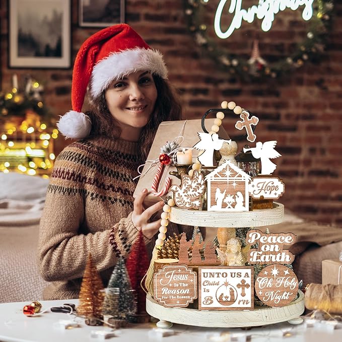 17 Pcs Christmas Tiered Tray Decor Set Winter Tiered Tray Decorations Farmhouse Tabletop Centerpiece Christmas Wooden 3D Sign for Xmas Home Buffalo Plaid Rustic Table Decoration(Rustic)