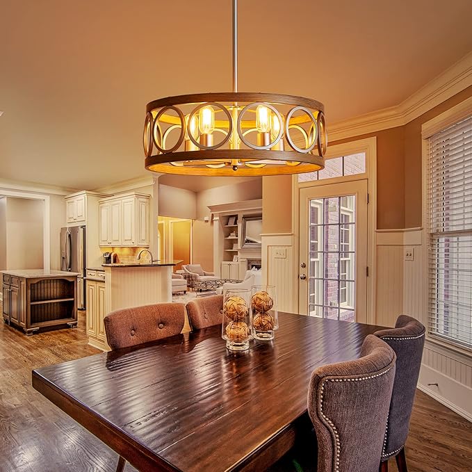 XINGQI Rustic Chandelier Brushed Nickel, Drum Chandeliers for Dining Room Modern Light Fixture Over Table Farmhouse Metal Wood Grain Pendant 5 Lights