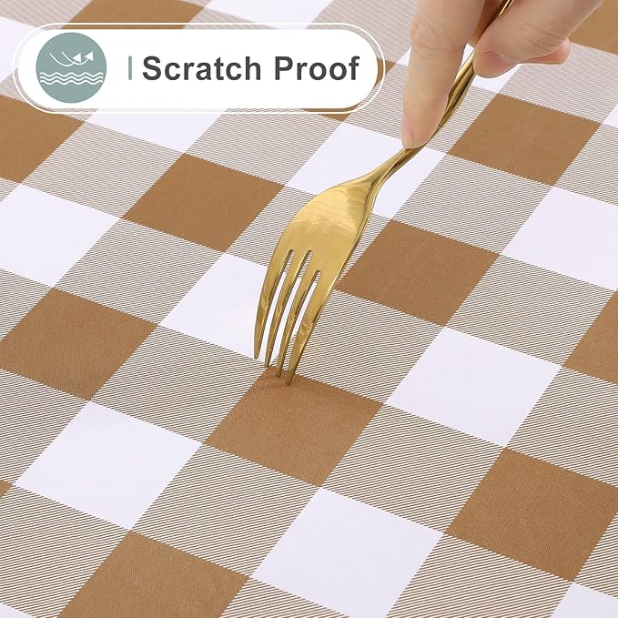 misaya Square Waterproof Vinyl Table Cloth, Buffalo Flannel Backed Tablecloth, Wipeable Plastic Table Cover for Fall, Thanksgiving (60" x 60", Brown and White)