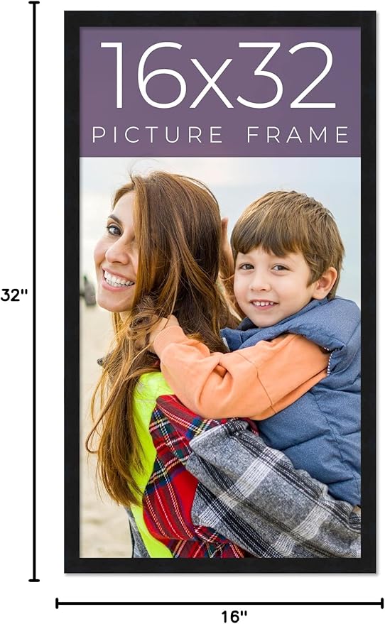 16x32 Frame Black Real Wood Picture Frame Width 0.75 Inches | Interior Frame Depth 0.5 Inches | Black Mid Century Photo Frame Complete with UV Acrylic, Foam Board Backing & Hanging Hardware
