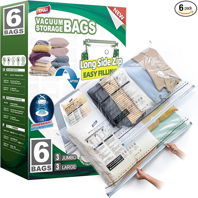 TAILI 6 Pack Vacuum Storage Bags, LONG SIDE ZIP (3 Large+3 Jumbo), Multi-Size Vacuum Seal Bags for Clothing, Storage Bulky Beddings, Comforters and Clothes, Space Saver for Closet Organization