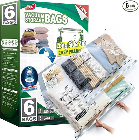 TAILI 6 Pack Vacuum Storage Bags, LONG SIDE ZIP (3 Large+3 Jumbo), Multi-Size Vacuum Seal Bags for Clothing, Storage Bulky Beddings, Comforters and Clothes, Space Saver for Closet Organization