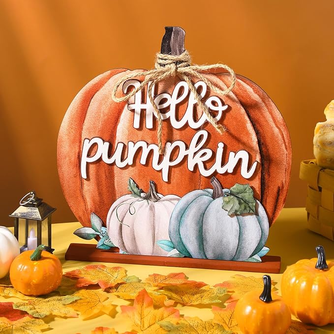 Soaoo Fall Decoration Wooden Fall Hello Pumpkin Sign Autumn Pumpkin Table Decor 11 Inch Wooden Autumn Desktop Ornament for Farmhouse Home Living Room Harvest Day Thanksgiving Decor(Orange,Warm)