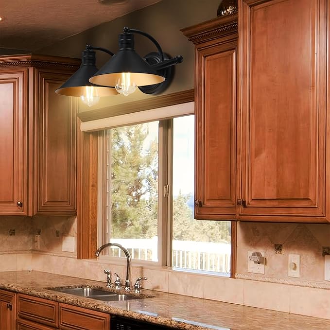 2 Light Bathroom Vanity Light Over Mirror - Black and Gold Farmhouse Wall Light for Bathroom Vanity Powder Room, Rustic Gooseneck Barn Style 2 Bulb Wall Sconce Over Kitchen Sink