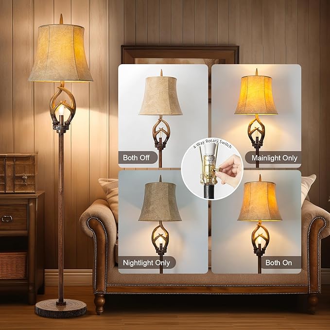 Rustic Farmhouse Antlers Floor Lamp with Night Light Faux Leather Bell Shade Brown Finish Tall Industrial Tall Standing Lamp Decor for Living Room Bedroom Hotel Office (Bulb Included)