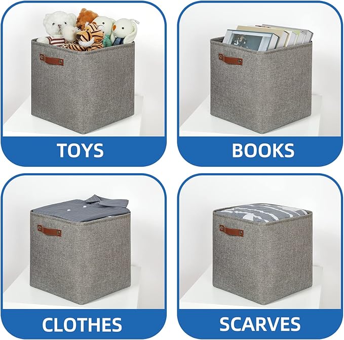 Temary Storage Baskets 13 Inch Fabric Storage Cubes for Shelves Set of 4 Storage Cube Bins for Home, Office, Storage Organizers for Toys with Leather Handles(Grey)