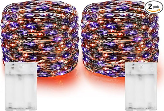 Dazzle Bright Purple and Orange Fairy String Lights, 2 Pack Total 40FT 120 LED Copper Wire Battery Operated Waterproof Lights, Halloween Decorations for Indoor Home Outdoor Patio Yard Party Decor