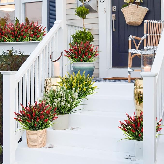 RECUTMS Fake Grass Plant,Fake Plants Outdoor, Artificial Grass, UV Resistant Fake Bushes Plastic Artificial Greenery Shrubs, Faux Greenery for House Garden Patio Front Porch Indoor Decor(Red)