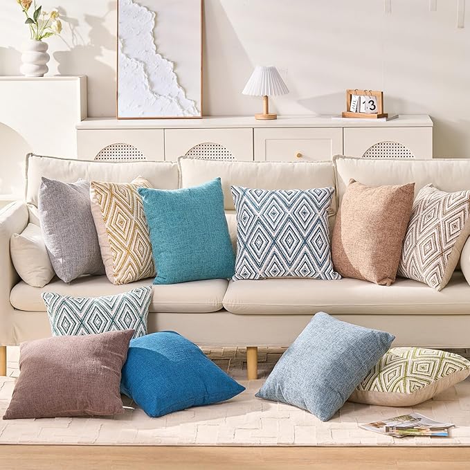 HPUK Decorative Throw Pillow Covers Set of 4 Square Couch Pillows Linen Cushion Cover for Couch Sofa Living Room, 18"x18" inches, Blue