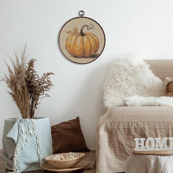 XNXLDYLH Vintage Fall Pumpkin Round Framed Wall Art Decor, Rustic Thanksgiving Farmhouse Hanging Wall Decor Decorations, Autumn Fall Canvas Prints Wall Art Paintings for Bedroom Living Room, 10x10Inch