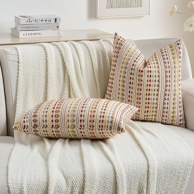 FUTEI Brown Red Decorative Throw Pillow Covers 24x24 Inch Set of 2,Soft Cozy Chenille Jacquard Textured Euro Pillow Shams,Boho Home Decor for Couch Bed Living Room