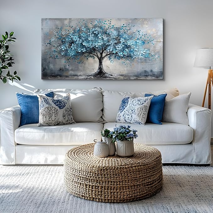 crmotu Tree of Life Large Wall Art for Living Room, Cherry Blossom Abstract Canvas Art Prints, Blue Flowers Tree Pictures Wall Decor, Nature Plant Modern Bedroom Bathroom Office Decor 30"X60"