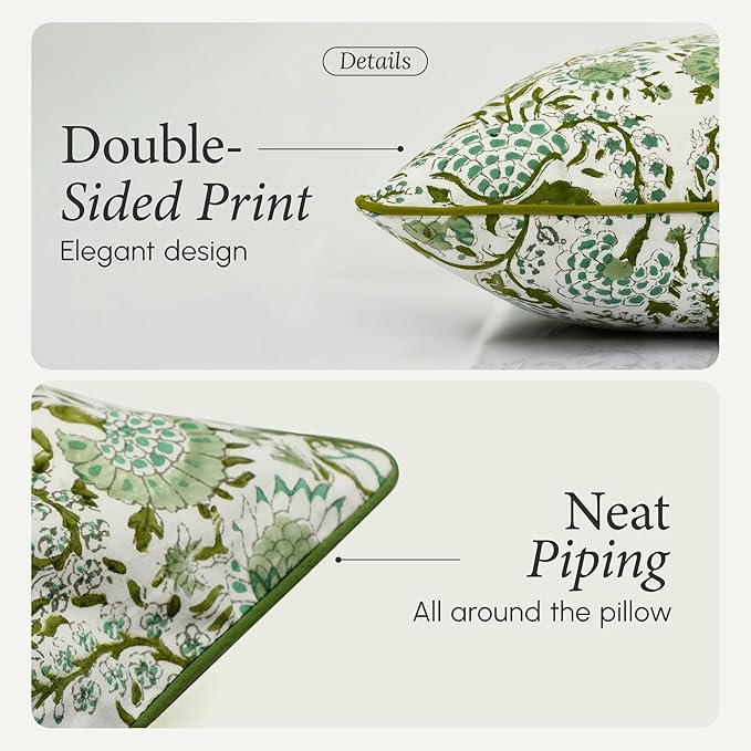 CPC 100% Cotton Throw Pillow Covers 24x24 Inch, Set of 2 Green Block Print Pattern Couch Pillow, Cute Boho Decorative Pillows for Living Room, Bedroom with Hidden Zipper- Agate Green