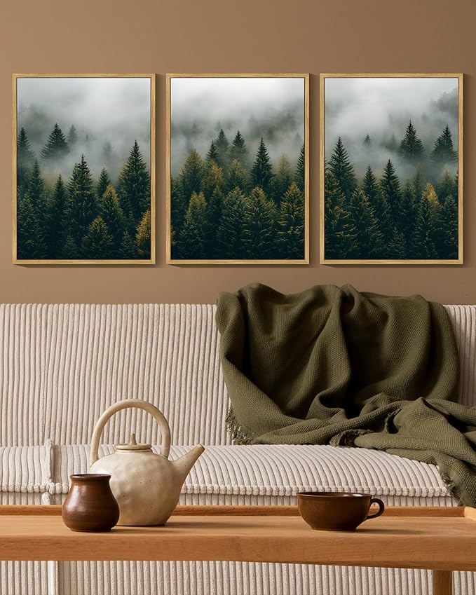 KUVIOKE Green Fog Pine Tree Landscape Framed Wall Art Nature Nordic Misty Forests Prints Morden Farmhouse Bedroom Living Room Ready to Hang 11x14in (Natural Framed)
