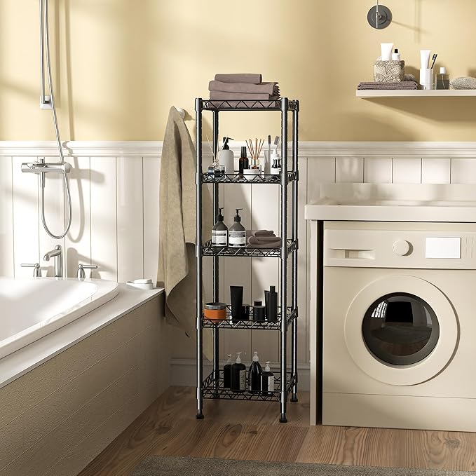 GIOTORENT 5 Tier Standing Shelving Metal Units, Adjustable Height Wire Shelf Display Rack for Laundry Bathroom Kitchen 11.8 W x 11.8 D x 50 H (5-Tier, Black)