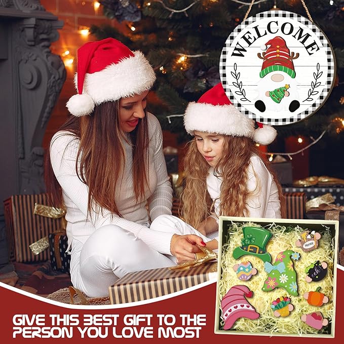 Qunclay Interchangeable Wooden Gnome Decor Holiday Seasonal Gnome Decorations with Magnet Pieces and Detachable Hats Changeable Welcome Sign for Home(Black and White Checkered Style)