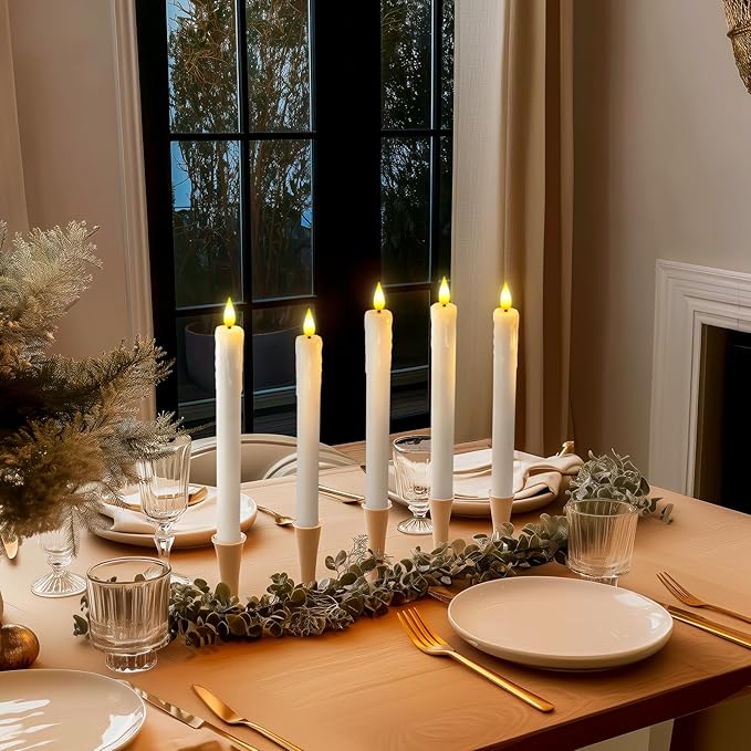 Homemory Real Wax LED Flameless Taper Candles with Timer, Dripless Fake Candlesticks with 3D Flickering Flame, 9.6 Inches White Window Candle for Fireplace Christmas Halloween