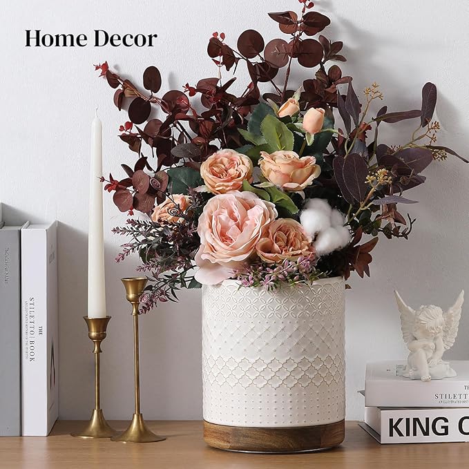 DOWAN 360° Rotating Extra Large Cooking Utensil Holder, 7.6" Kitchen Utensil Holder for Countertop, Utensil Crock for Farmhouse Kitchen Decor, Ceramic Stable Utensil Caddy, White Embossed