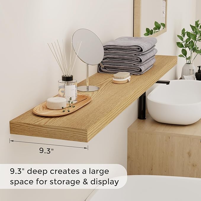 48 Inch Floating Shelves, 9.3 Inch Deep Floating Shelf for Wall, Rustic Wood Wall Shelves 48 x 9.3 x 1.5, Large Bathroom Shelf 48 Inch Long, Deep Shelves for Kitchen, Bedroom, Living Room, Oak Color