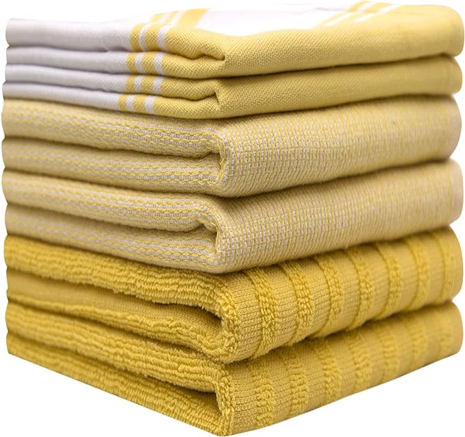 Premium Large Kitchen Hand Towels (20"x 28", 6 Pack) | Cotton Flat & Terry Towels | Highly Absorbent Tea Towels Set With Hanging Loop | Wide Stripe Yellow