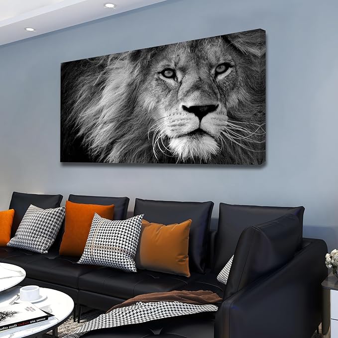 Baisuart-D0162 Canvas Prints Wall Art Grey lion Stretched Canvas Wooden Framed for living Room Bedroom and Office