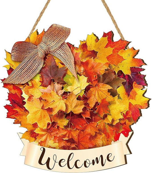 Boao Fall Welcome Door Sign Maple Leaves Hanging Decor Thanksgiving Wooden Sign Autumn Decorations Pumpkin Maple Leaves Wood Hanger for Outdoor Farmhouse Front Porch