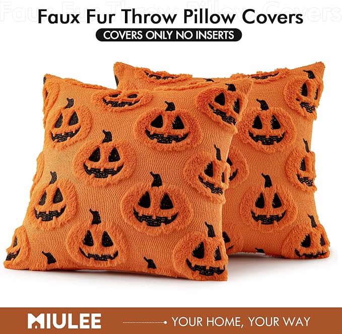 MIULEE Fall Halloween Throw Pillow Covers 20x20 Decorative Pumpkin Pattern Pillowcases Soft Plush Faux Wool Cushions for Home Patio Sofa Couch,Orange-Black