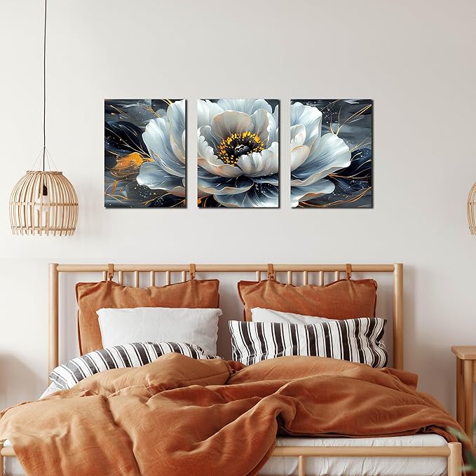 Flower Pictures Wall Art for Living Room - Modern Office Artwork Wall Decor - Black and White Canvas Wall Art for Bedroom Size 12" x 16" x 3 Pieces