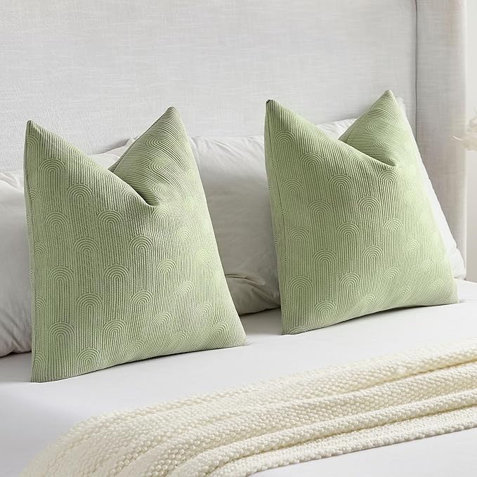 FUTEI Pea Green Chenille Decorative Throw Pillow Covers 22x22 Inch Set of 2,Soft Cozy Striped Geometric Patterns Cushion Case,Modern Home Decor for Couch Bed Living Room