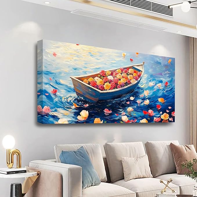 Flowers Boat Oil Pictures Wall Art Bedroom Wall Decor Living Room,Ocean Canvas Wall Art Office Farmhouse Paintings Artwork Modern Rose Colorful Flower Petals Blue Sea Waves Wall Art Prints 20 * 40inch