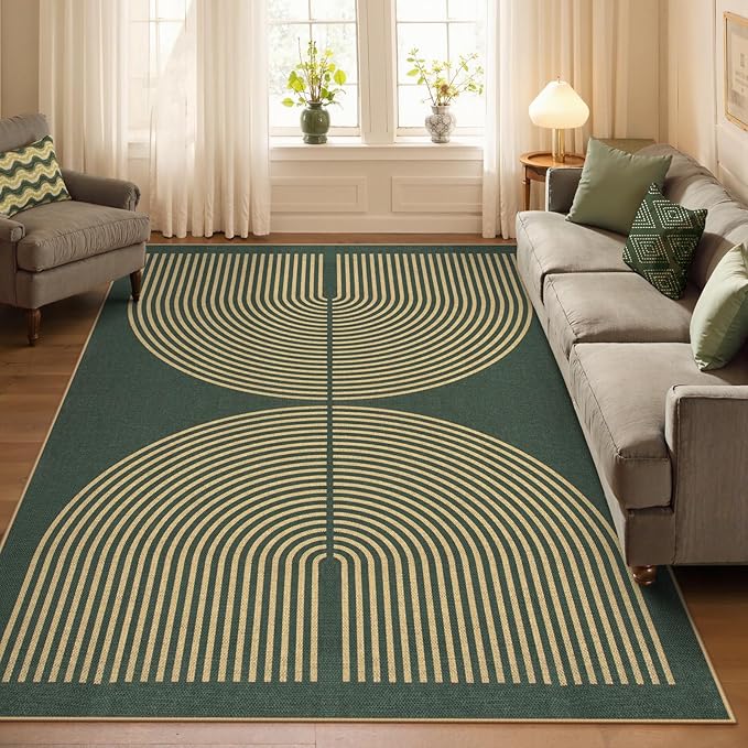 Lahome Modern Rainbow Easy Jute Indoor Outdoor Rugs, 5x7 Dark Green Rug for Living Room Office, Farmhouse Non Slip Non Shedding Floor Carpet for Dining Room Deck Sunroom