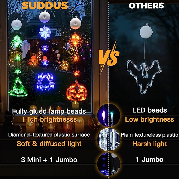 suddus 3 Pack Halloween Lights Battery Operated with Timer, Orange Pumpkin Violet Spider Green Witch Hat Halloween Decor Window Lights with Suction Cup for Home Indoor Party Decorations
