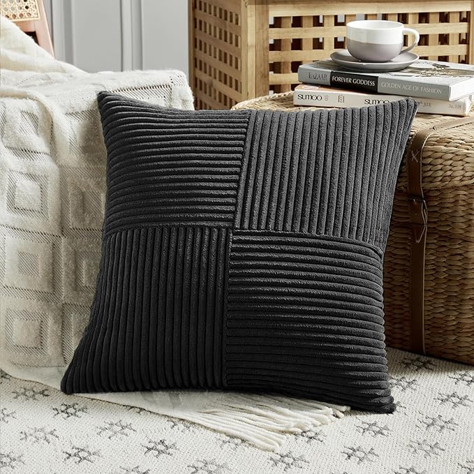 Fancy Homi 4 Packs Black Decorative Throw Pillow Covers 18x18 Inch for Living Room Couch Bed Sofa, Rustic Farmhouse Boho Home Decor, Soft Cross Corduroy Patchwork Textured Square Cushion Case 45x45 cm