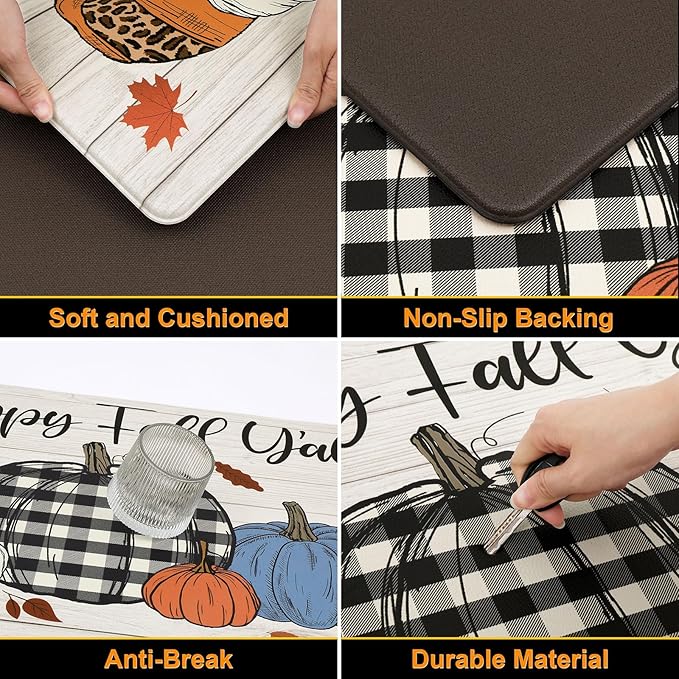 SHACOS 2 Pcs Fall Anti Fatigue Kitchen Mats Pumpkins Autumn Fall Rugs Happy Fall Y’All Non Slip Cushioned Comfort Floor Mat for Kitchen Fall Home Decor Ergonomic Standing Mats, 17x27.5+17x47, Pumpkin